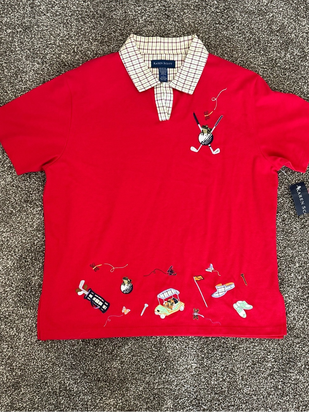 Karen Scott Red Polo with Plaid Contrast Collar